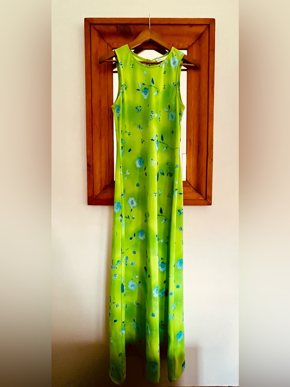 1990s Vintage Sleeveless Lime Green/Sky Blue Floral Maxi Dress